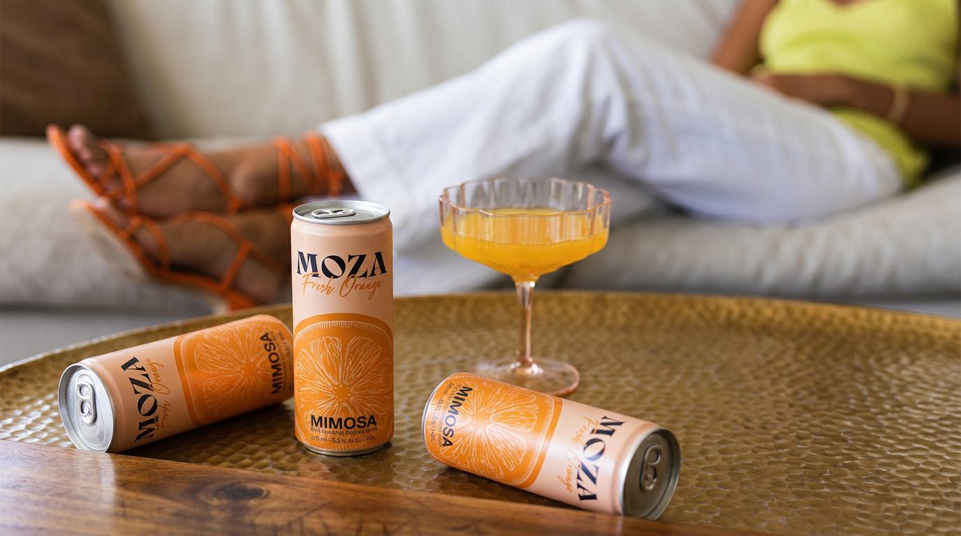 Moza Classic mimosa Cocktail in blik en glas met sinaasappel mimosa op tafel – premium ready-to-drink mimosa