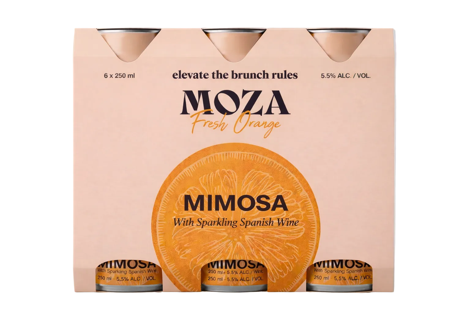 Moza Fresh Orange mimosa 6-pack blikjes – premium ready-to-drink mimosa cocktail met sinaasappel