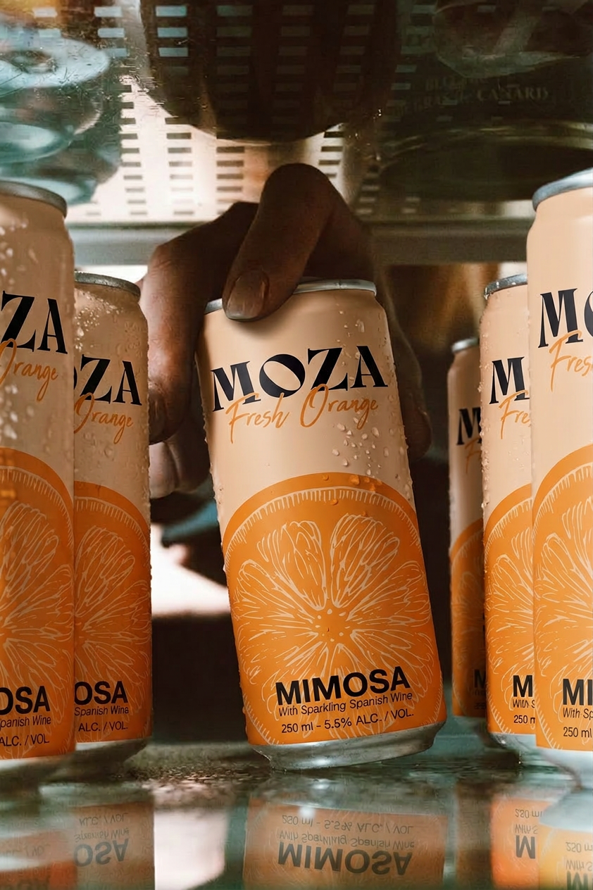 Hand pakt Moza mimosa blik uit koelkast – premium ready-to-drink mimosa cocktail gekoeld