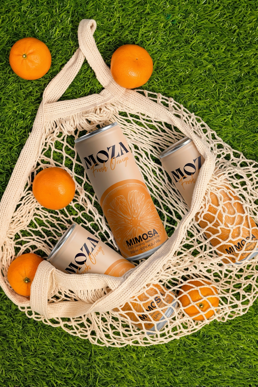 Moza mimosa cocktail blikjes met sinaasappels in tas – ready-to-drink mimosa